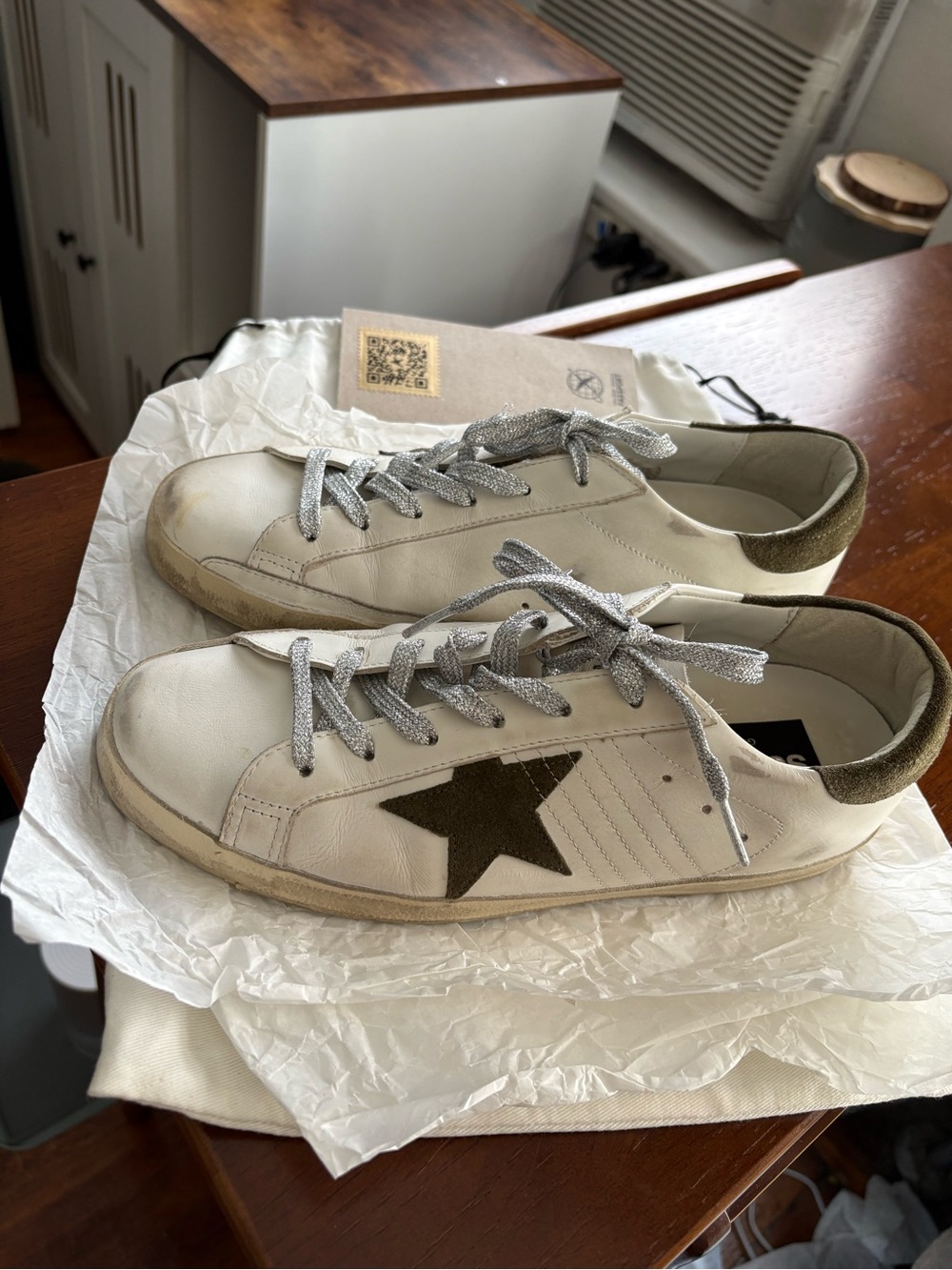 Golden Goose White Sneakers with Olive Star and Silver Laces